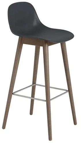 Muuto Fiber バースツール 木製ベースと背もたれ付き ブラック/ダークブラウン 高さ97.5cm